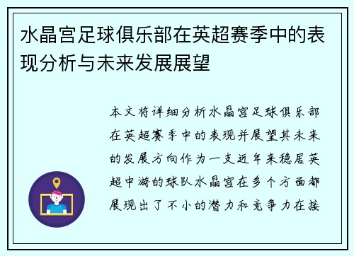 水晶宫足球俱乐部在英超赛季中的表现分析与未来发展展望